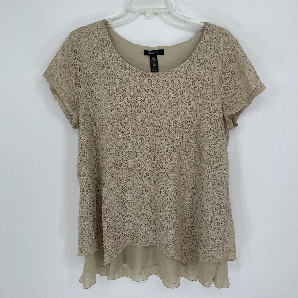 Style & Co Women's Tan Lace Layered‎ Blouse Size Large